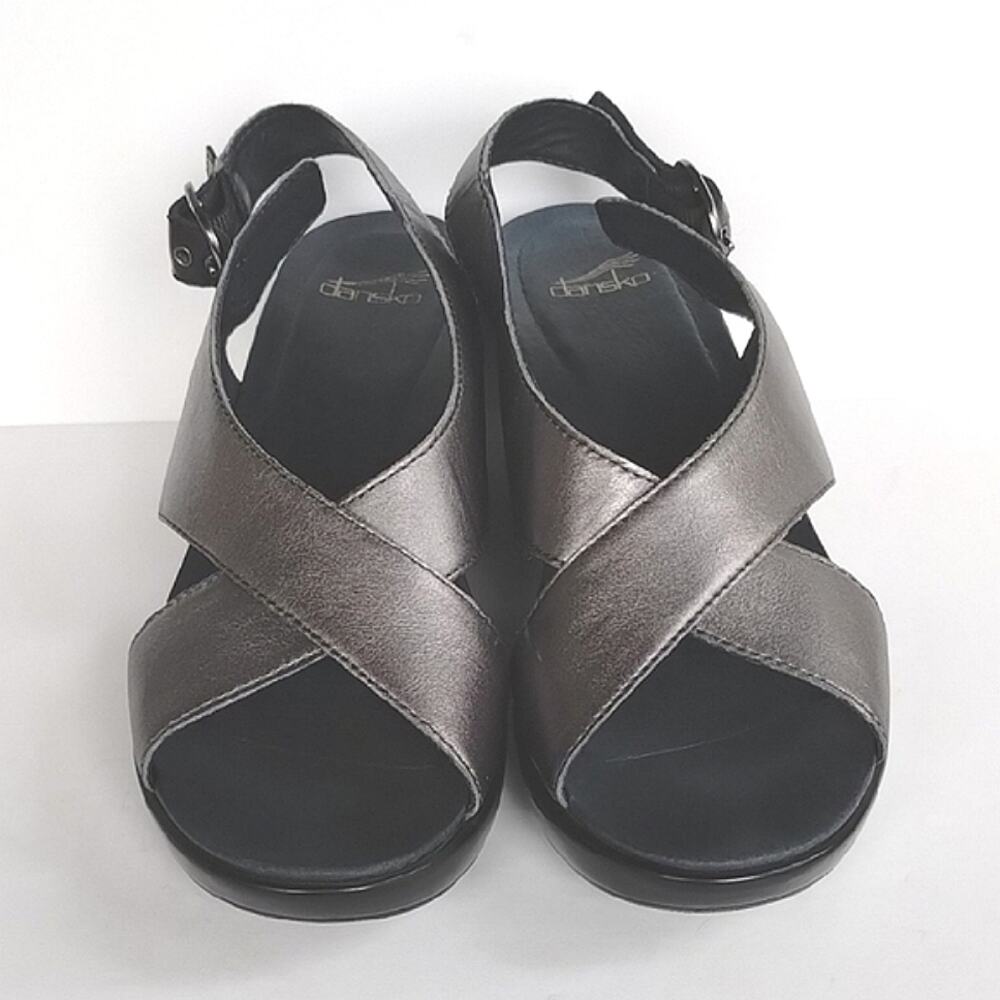 Dansko Jacinda Metallic Pewter & Black Leather Strappy Hidden Heel Sandals 40